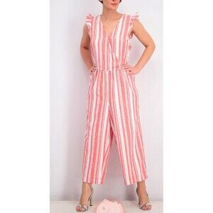 Old Navy Striped Button Front Linen Blend Jumpsuit Women's Sz S Red White Ruffle